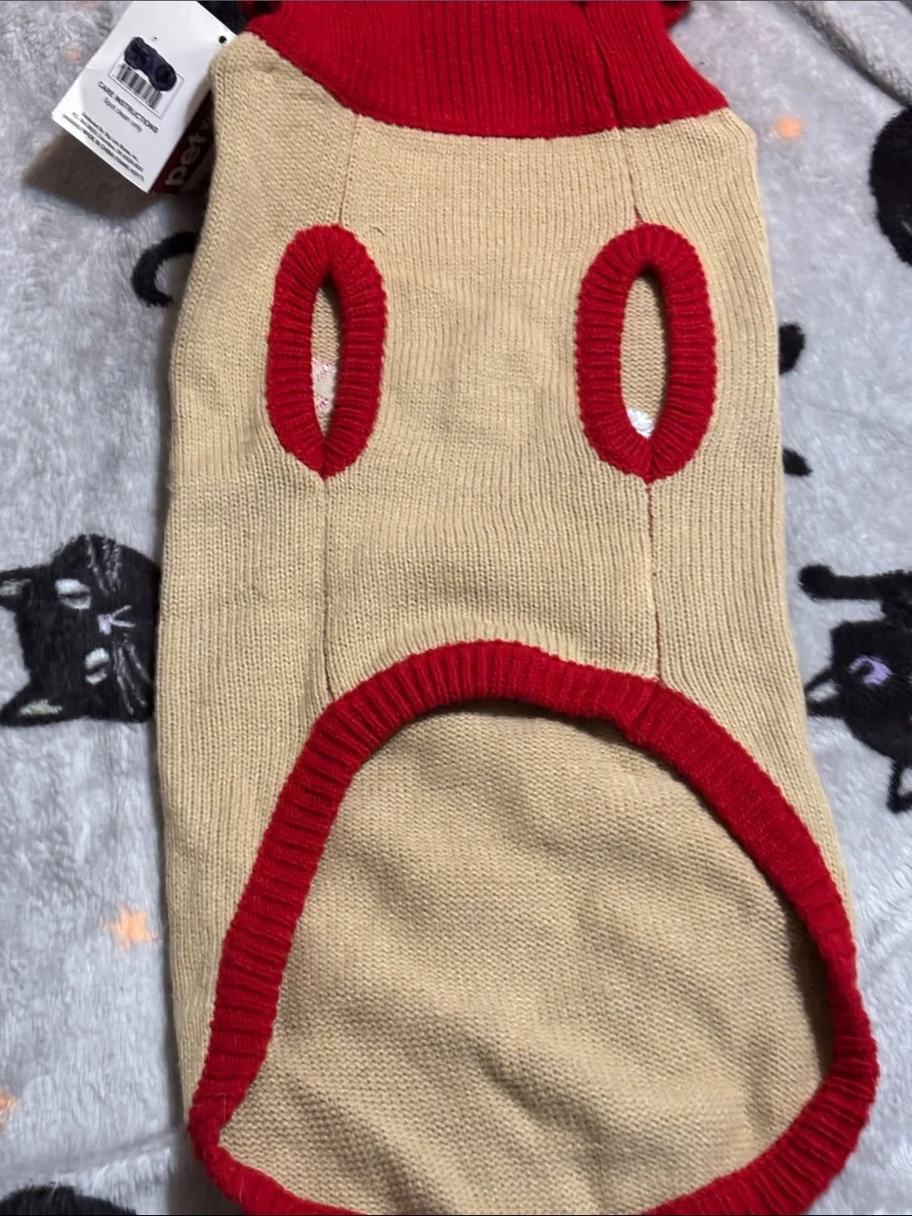 Beige & Red Holiday Dog Sweater with Festive Puppy Embroidery